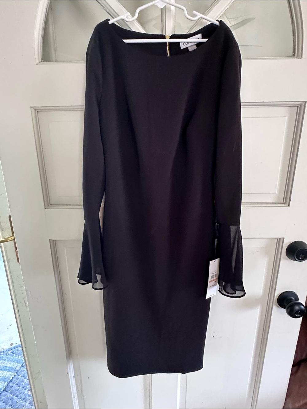 Calvin Klein Black Midi Sheath Dress with Chiffon Bell Sleeves